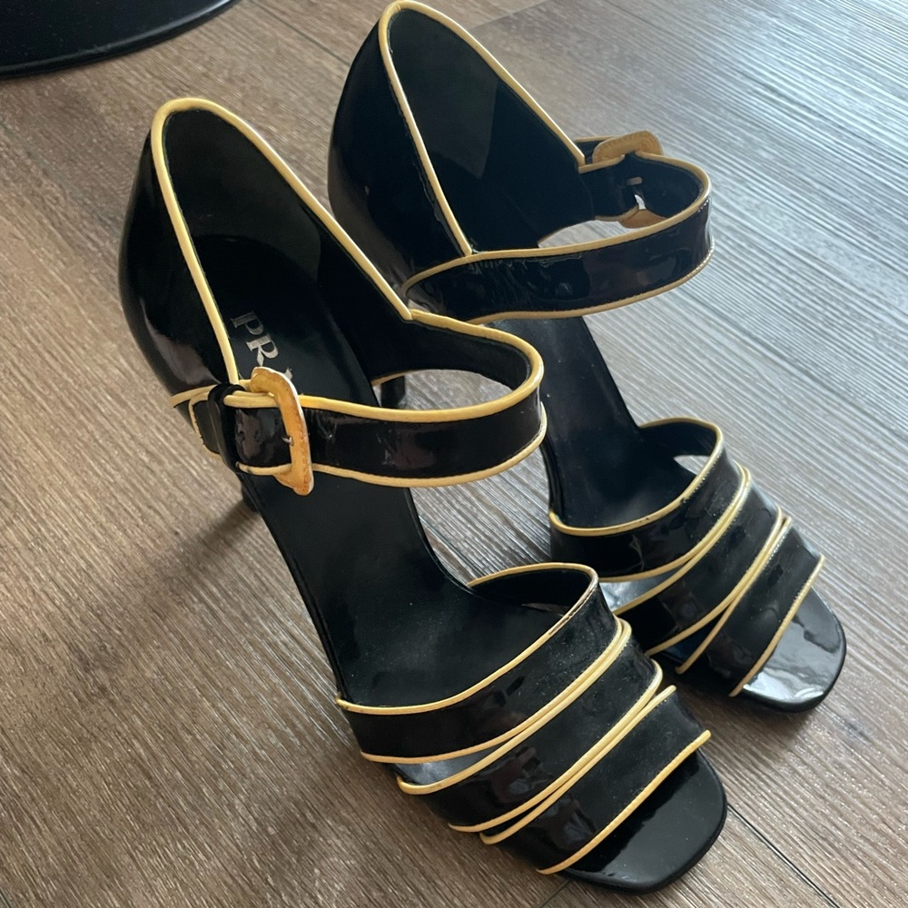 100% authentic Prada Parent Leather Black Cream Heels Sandals size EU 37.5